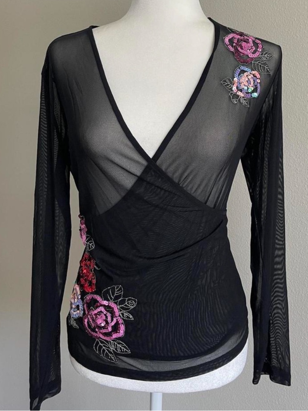 Y2K Black Sheer Mesh Long Sleeve Faux Wrap Top Floral Sequin Embroidery Large